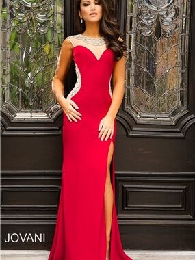 Jovani Red Gown with Crystal-Embellished Illusion Panels